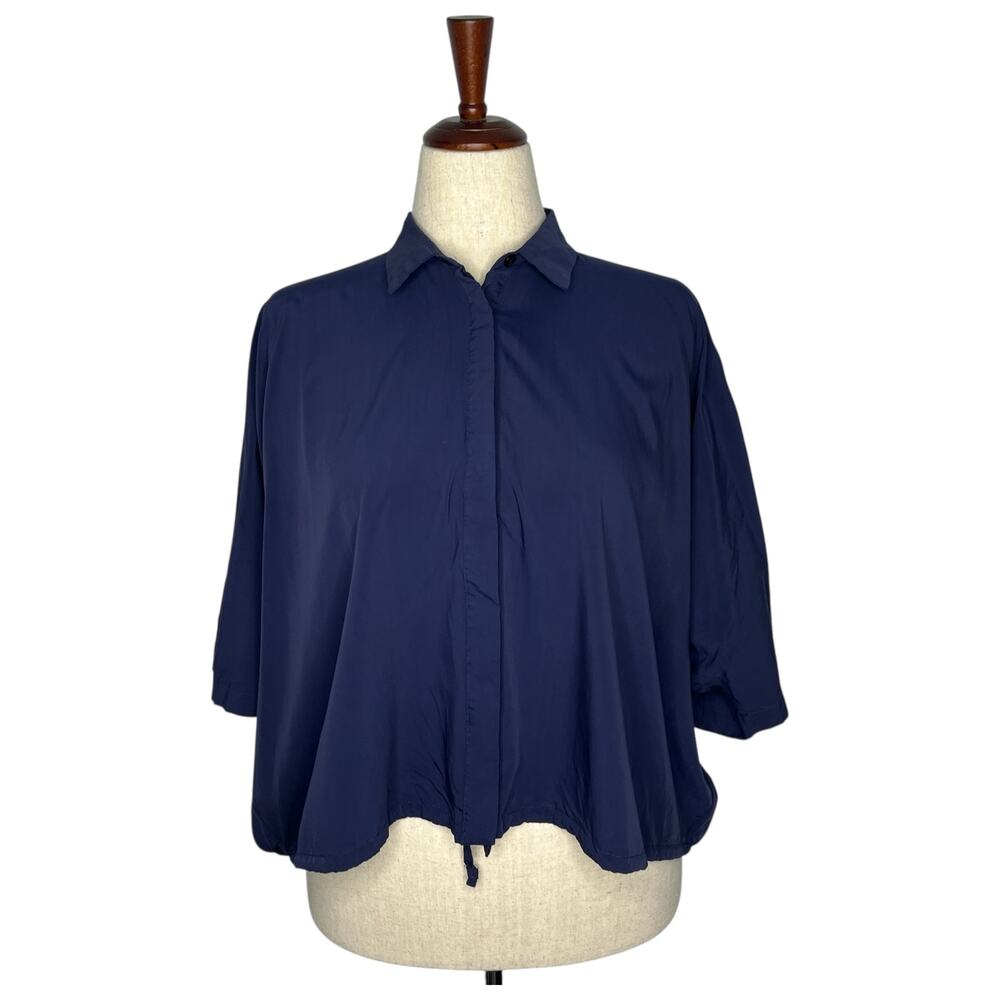 P. Taylor Women's Blouse M Blue Cropped Button Down Boxy Drawstring Dolman